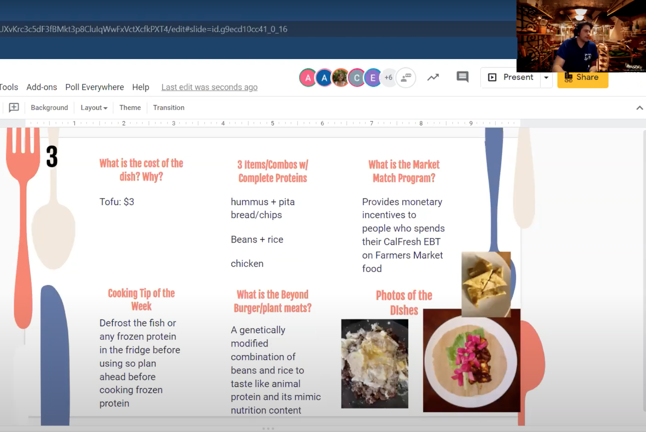 Screenshot of online lesson showing recipes and food images in the class lab