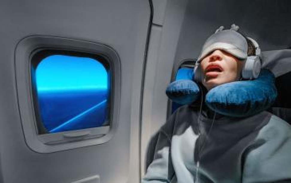 A photo of a person asleep on a flight wearing a mask, headphones, and neck pillow.