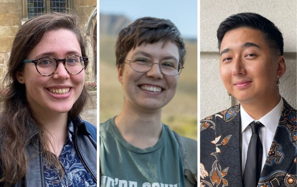A composite image featuring portraits of three people