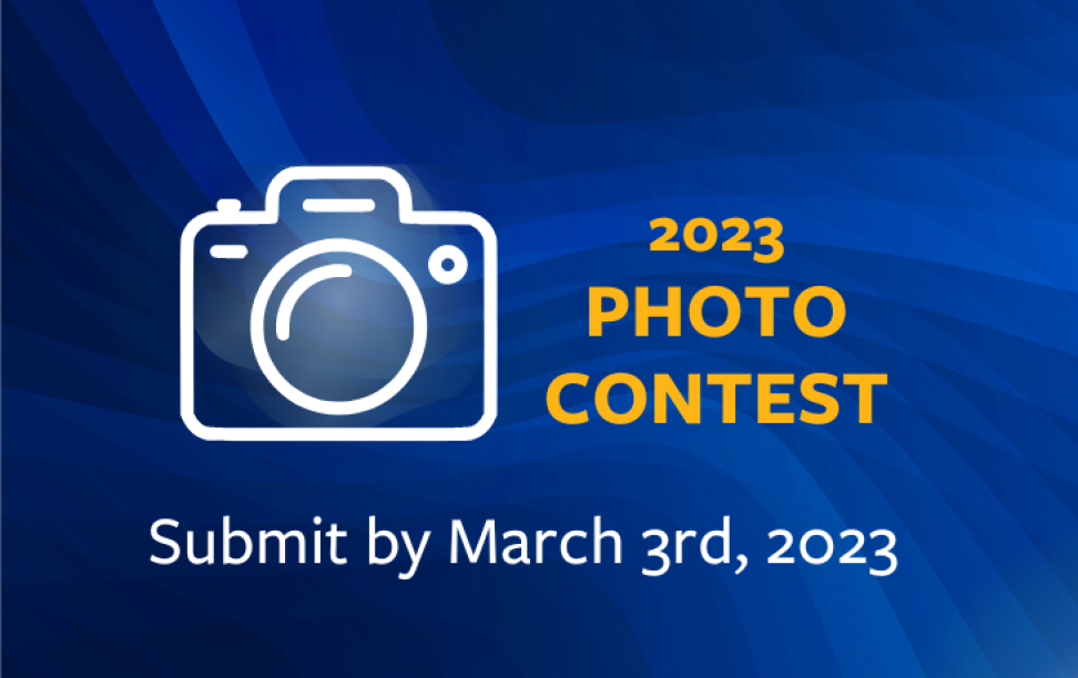 Infographic stating: 2023 Photo contest... Submit by March 3rd, 2023. Text on blue background.