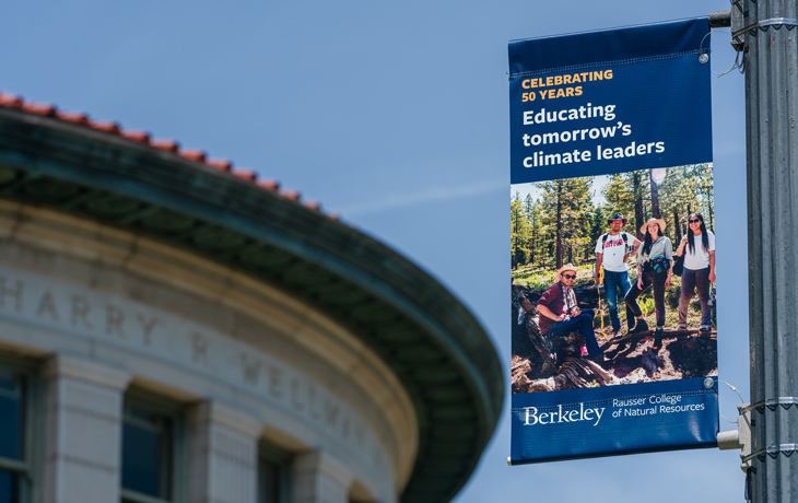 A photo of a banner installed on a lightpost hangs in front of a building