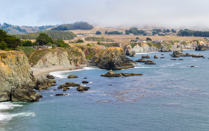 A photo of Bodega Bay, a shallow rocky inlet on the California coast sandwiched between Sonoma County and Marin County.