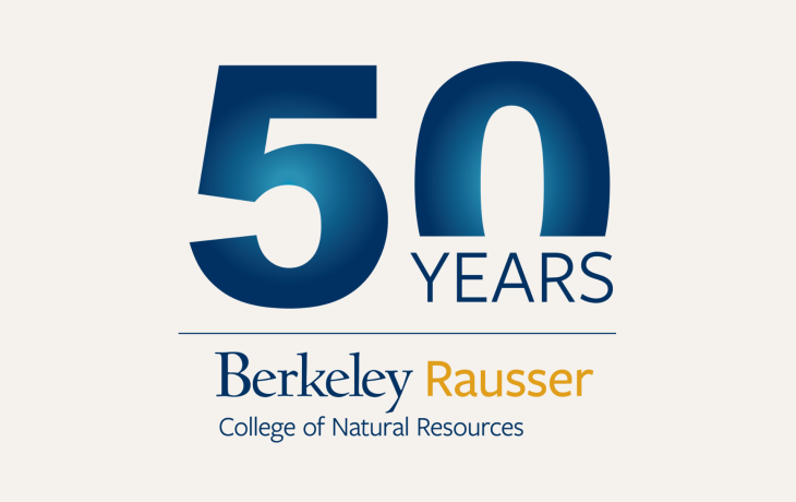 A logo that says "50 Years Rausser College of Natural Resources"