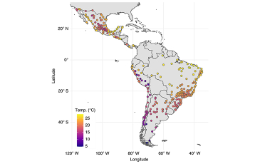 Map with data of annual mean temperatures during the city-specific observation period in 326 Latin American cities. Image is directly from the paper "City-level impact of extreme temperatures and mortality in Latin America" 