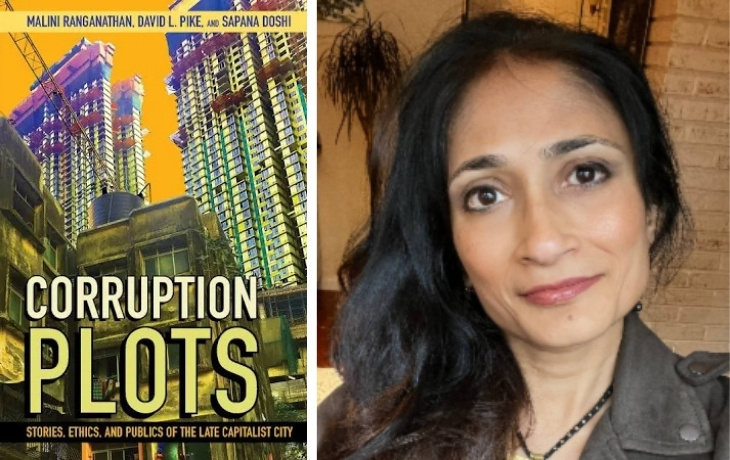 A photo composite that shows a woman's headshot and cover of a book.