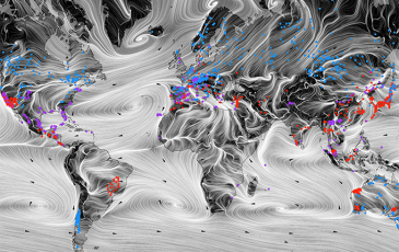 Graphic showing global wind patterns over a world map