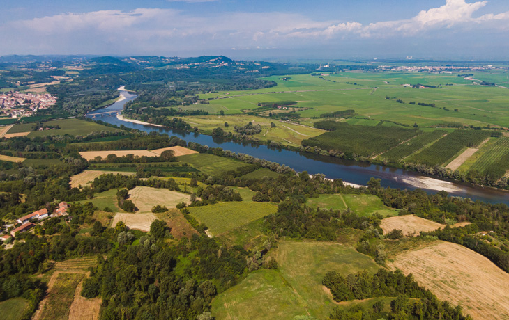An aerial photo of a agricultural region, with various farmed plots of land distinctly visible.