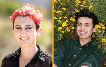 A composite image featuring portraits of PhD student Jaye Mejia-Duwan and alum Isaias Hernandez. They are separated by a gold band down the center of the image.
