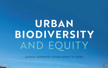 A detail section of a textbook cover reading "Urban Biodiversity and Equity: Justice-Centered Conservation in Cities"