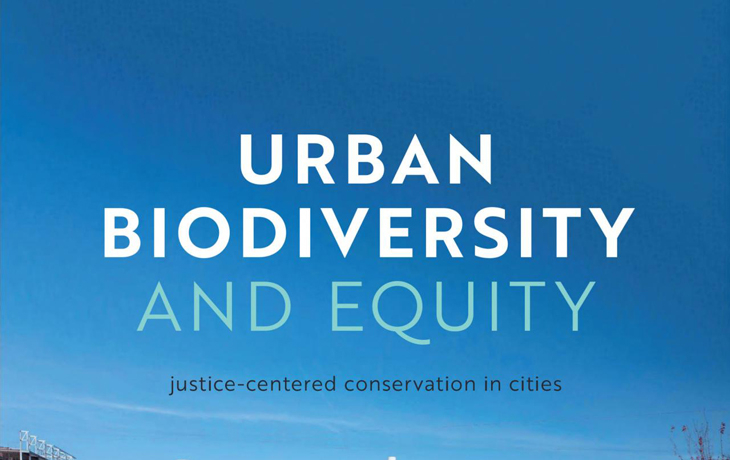 A detail section of a textbook cover reading "Urban Biodiversity and Equity: Justice-Centered Conservation in Cities"