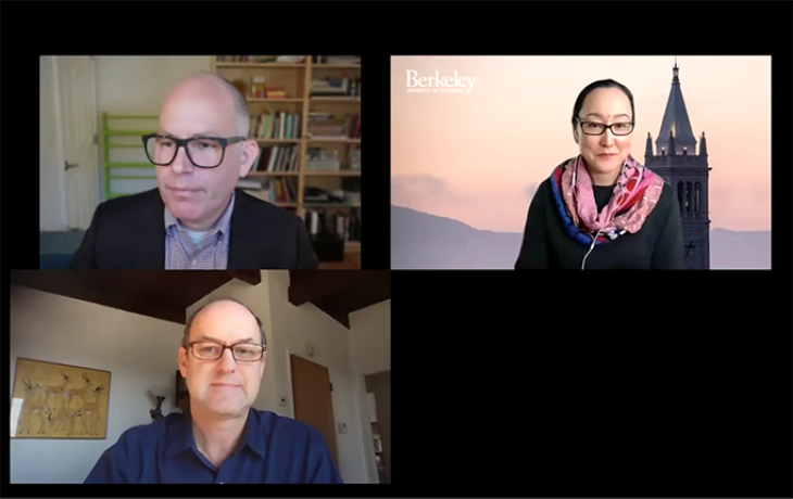 Screenshot of webinar with David Ackerly, Max Auffhammer, and Mio Katayama Owens