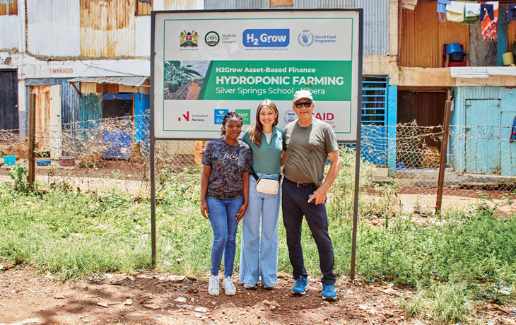 Yarmolich with HNP’s cofounder David Warner (right) and marketing director Stella Mwania at a hydroponic farm supported by HNP