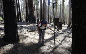 Gabrielle Boisrame, research lead, checks one of the weather stations in the Illilouette Basin