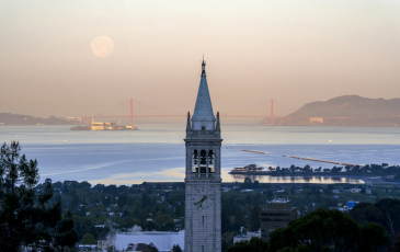 View of campanile with Golden Gate Bridge in background, Moon