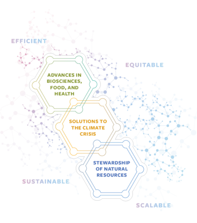 A graphic of 3hexagons with the text Advances in Biosciences, Food, and Health; Solutions to the Climate Crisis; and Stewardship of Natural Resources