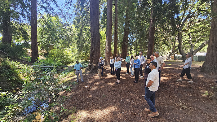 Professor Schell (far left) led a walking tour of Strawberry Creek on campus to give attendees a firsthand look at the power of urban nature in action.